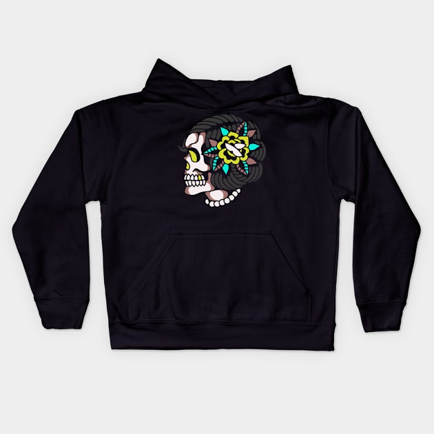 Lady skull rose Kids Hoodie by Bojes Art